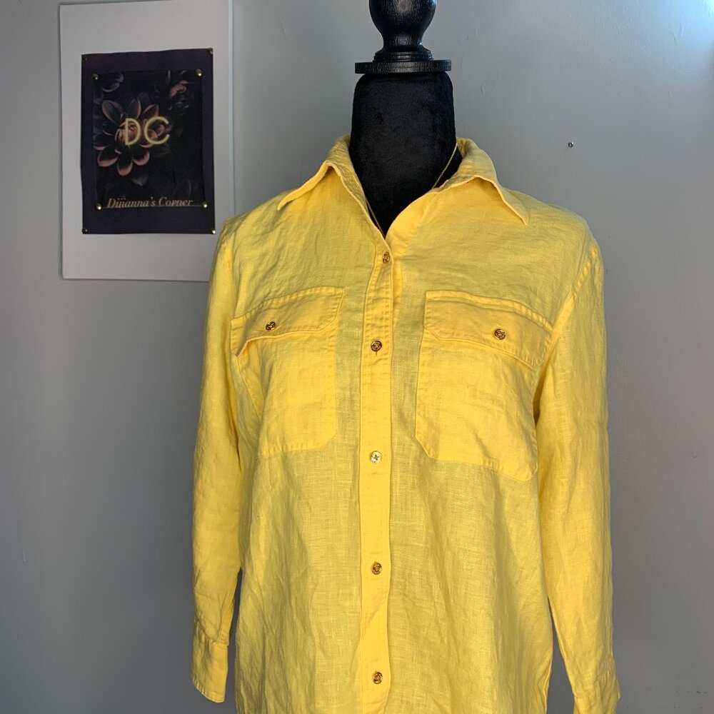 Ralph Lauren Exclusive Vintage Women  shirt 100%Linen-Yellow Size S Long Sleeves